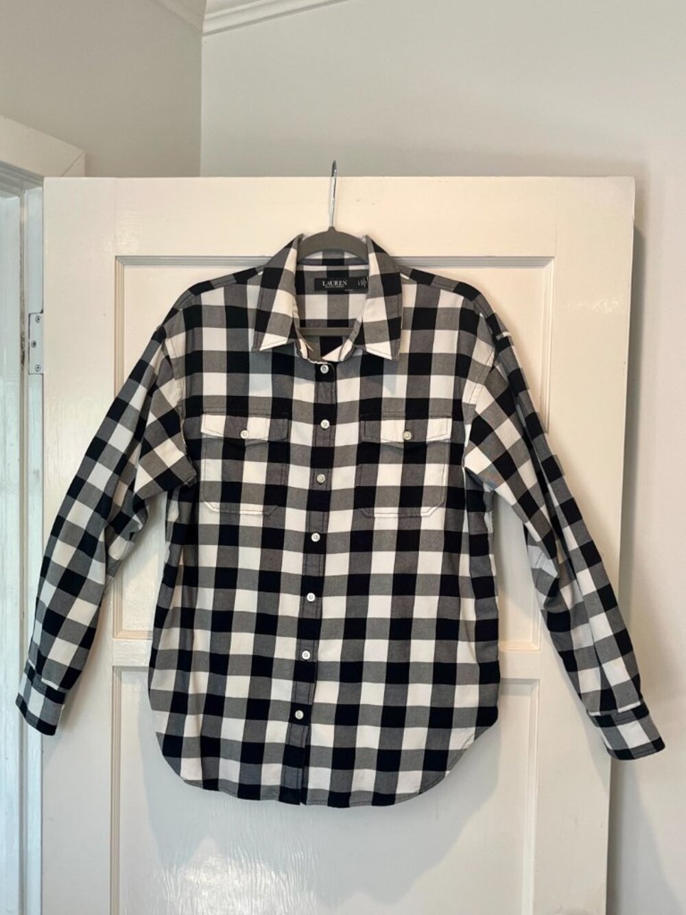 Women's Ralph Lauren Black and White Plaid Blouse Size L